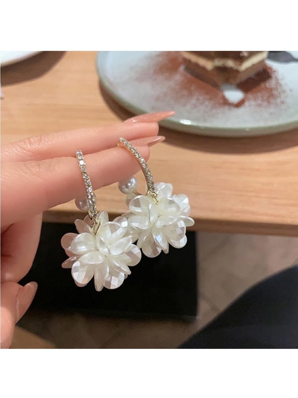 Pearl White Floral Drop Earrings with Crystal Hoops